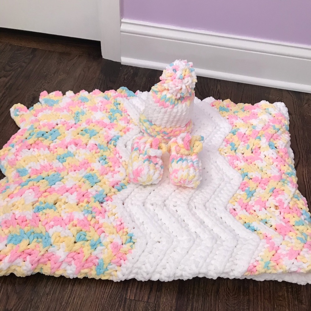 Hand made baby blanket, hat, booties